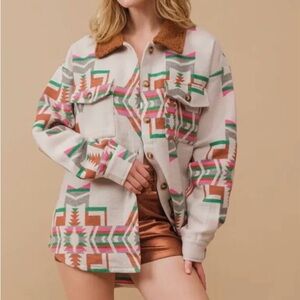 Tribal Aztec blue b  Print Jacket with Brown Collar